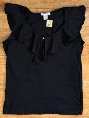 Vintage Black Ruffled Tank Top Size M/L 1990s Express Cotton Sleeveless Shirt